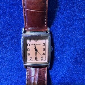 Emporio Armani women’s tank watch with leather band